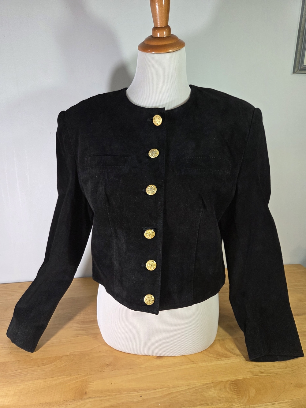 Vintage Paolo Gucci Black Suede Cropped Women's Blazer with Gold Buttons